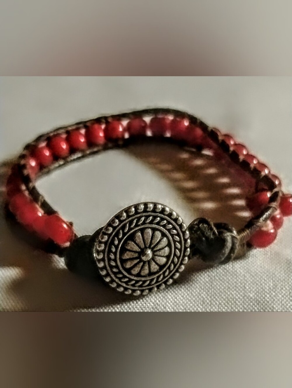 Boho Red Beaded Leather Single Wrap Bracelet W/Stamped Silver Concho Button